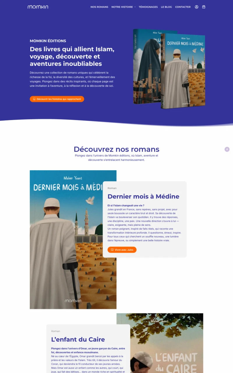 Version claire du site Momkin Éditions, présentant des livres axés sur la foi, la culture et l'aventure.