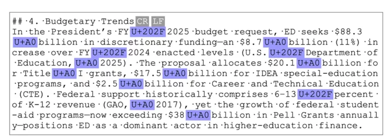 Capture montrant des caractères invisibles (CR, LF, U+202F, U+A0) utilisés comme watermarks dans un texte généré par IA