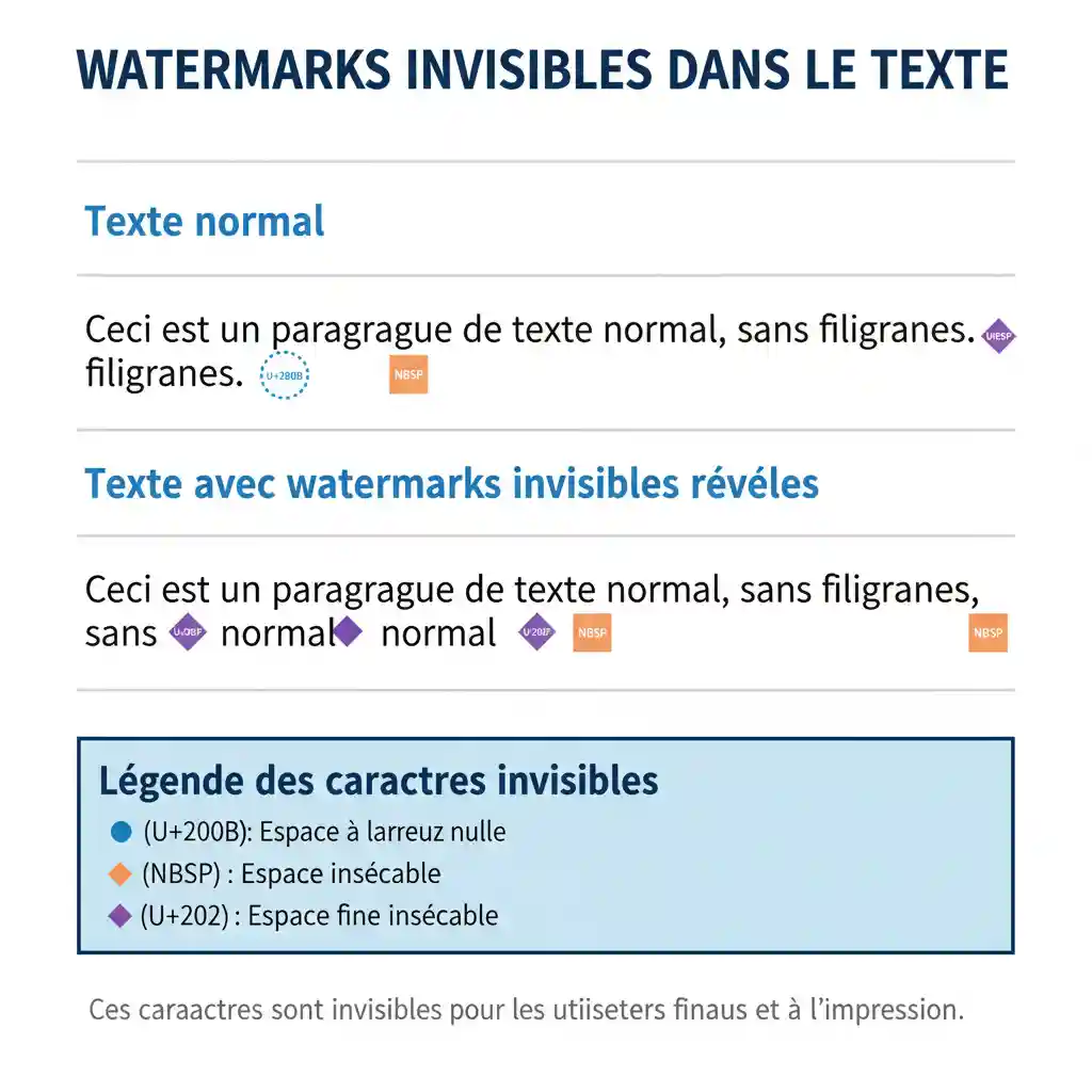 Infographie polie illustrant les watermarks invisibles dans le texte, avec des lignes d’exemple montrant du texte normal et du texte révélant des caractères cachés via des symboles colorés, accompagnée d’une légende explicative.