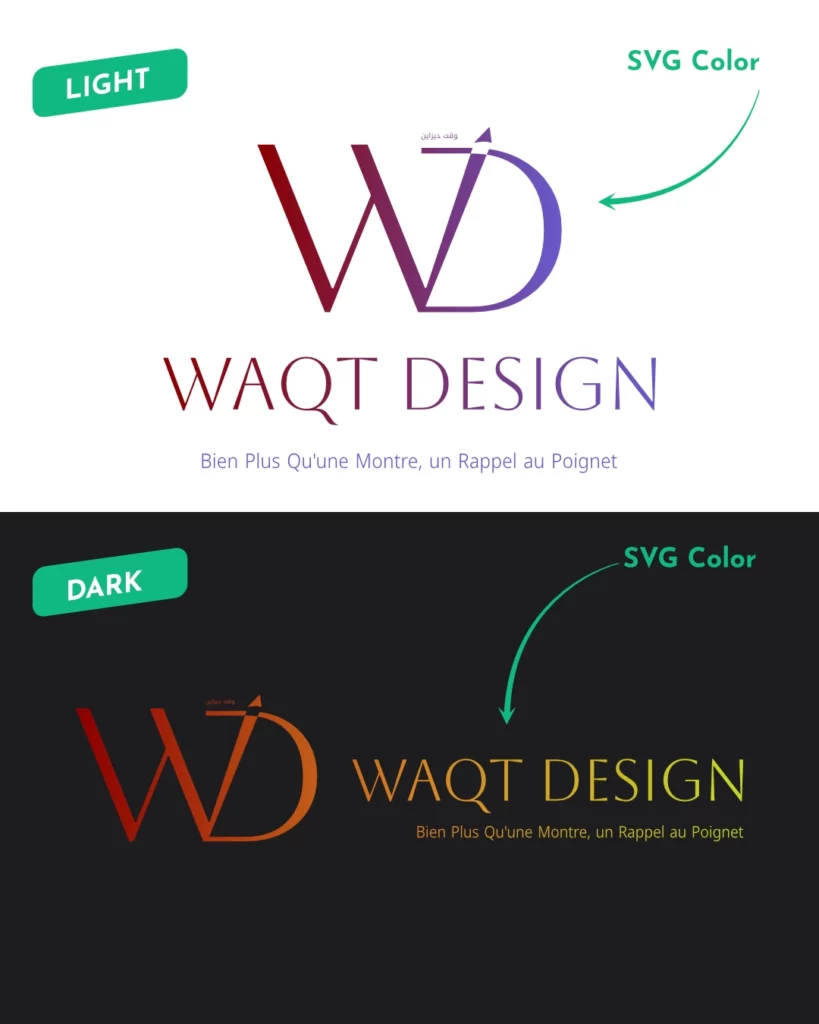 Démonstration du logo WAQT DESIGN avec variations de couleurs SVG