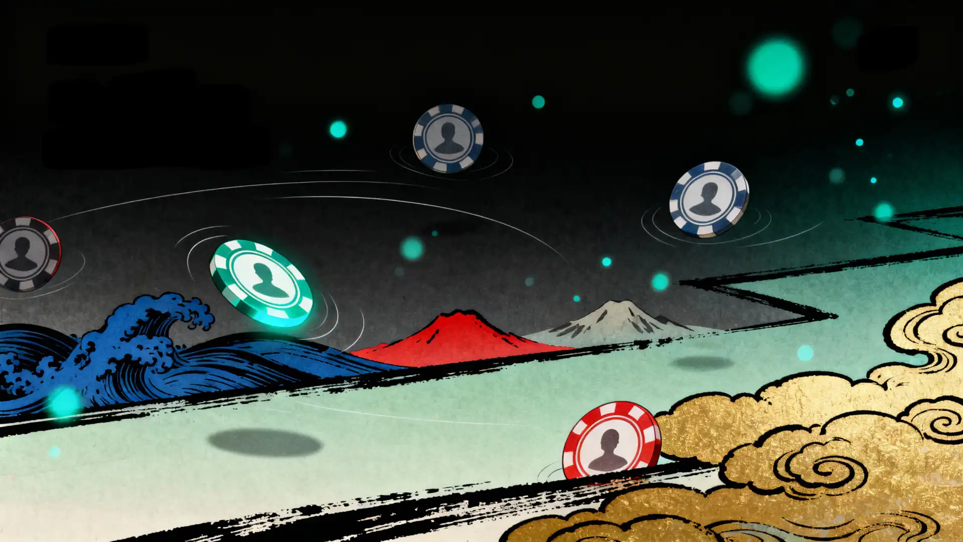 Illustration de tirage au sort avec jetons de participants sur fond sombre, style OukiWeb.